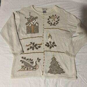 Vintage Victoria Jones XL Christmas Sweater Embroidered Golden Silver Bear